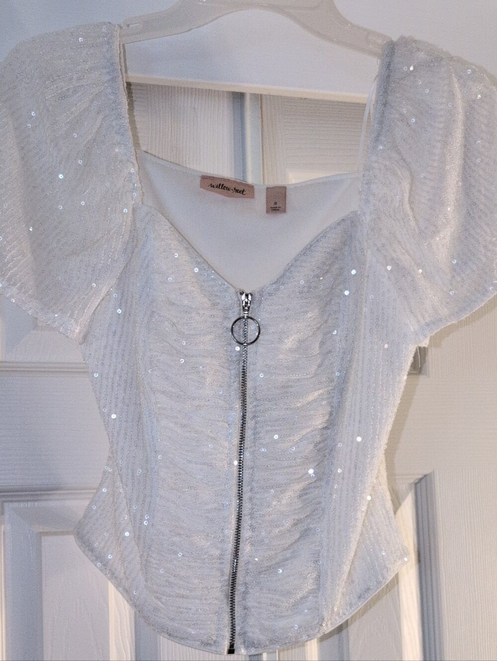 White Sequin Sheer Flowy Sleeve Zip Front Top